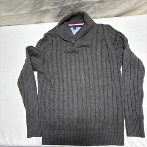 Tommy Hilfiger Sweater Men's Med Shawl Neck Pullover Top Gray Grandpa Core